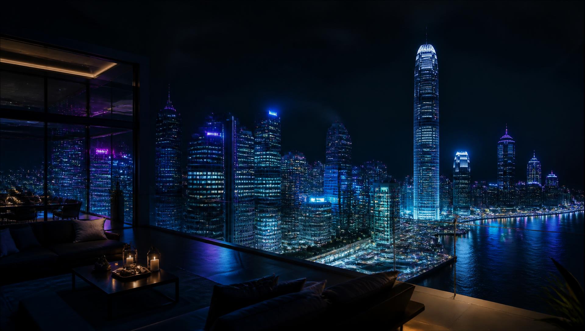 Night skyline seen from a luxury penthouse